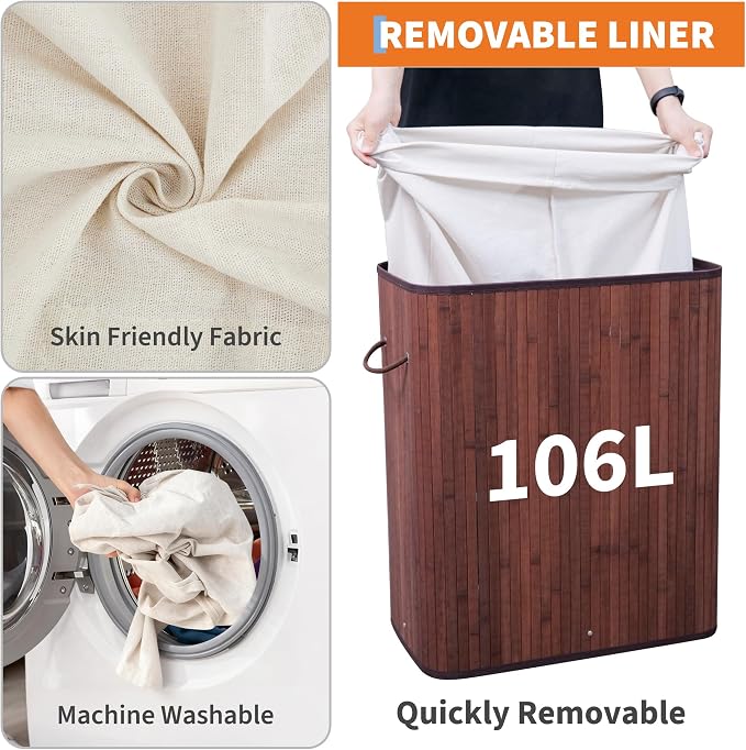 Large Laundry Hamper with Lid, 72l & 104l Capacity, Foldable Bamboo Frame with - Image 8