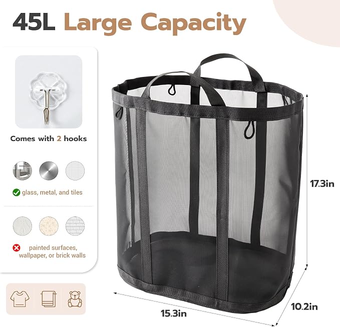 Mesh Laundry bag with Handles, 42L Collapsible Laundry Basket with 2 Hooks - Image 3