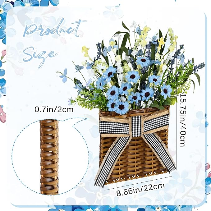 Spring Hanger Basket Wreath for Front Door 15" Blue Daisy Basket Artificial - Image 2