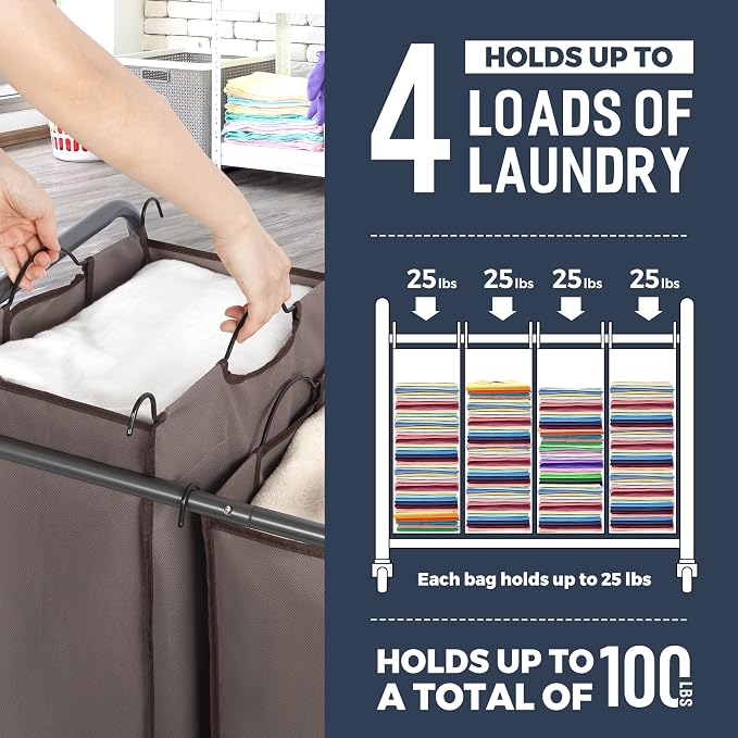 STO STO Laundry Sorter 4 Section, 4 Bag Clothes Hamper, Rolling Laundry Cart - Image 4