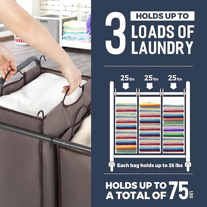 STO STO Laundry Sorter 3 Section, 3 Bag Clothes Hamper, Rolling Laundry Cart - Image 4