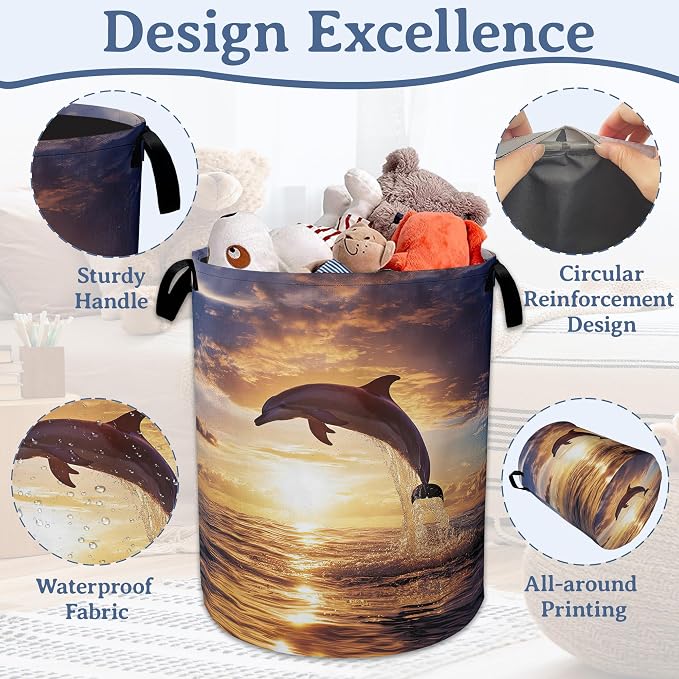 Dolphins Laundry Basket, Foldable Oxford Cloth Sunset Laundry Hamper - Image 4