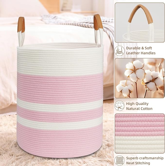 60L Striped Laundry Basket, Woven Cotton Rope Storage Bin - Image 6