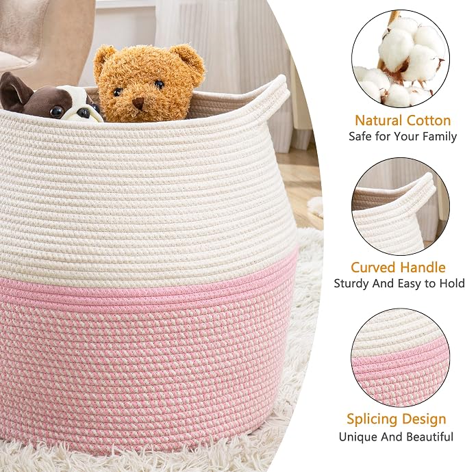 KAKAMAY Woven Baskets for Storage, Large Cotton Rope Woven Baby Laundry Hamper - Image 2