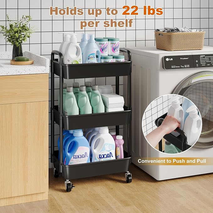 3 Tier Rolling Cart with Wheels, Small Utility Storage Trolley - Image 6