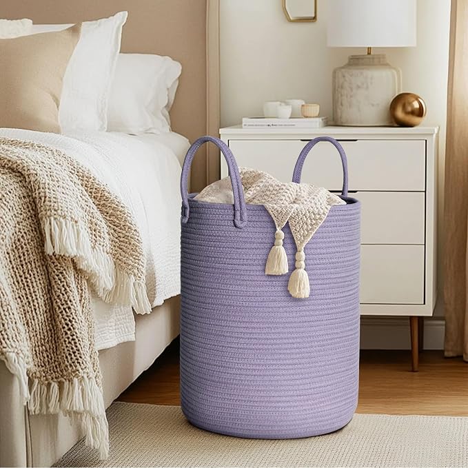 Purple Woven Laundry Basket, Decorative Baby Nursery Clothes Hamper - Image 4