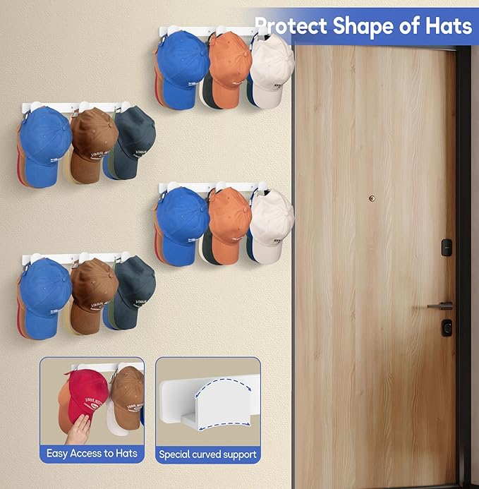 KIMBORA 4 Packs Hat Rack for Wall, Hat Organizer for Baseball Caps Holds 36 pcs - Image 5