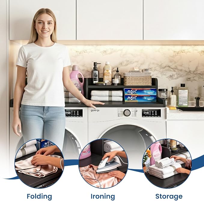 Washer Dryer Countertop with Open Storage Shelf & Raised Edge Guard, Modern - Image 3