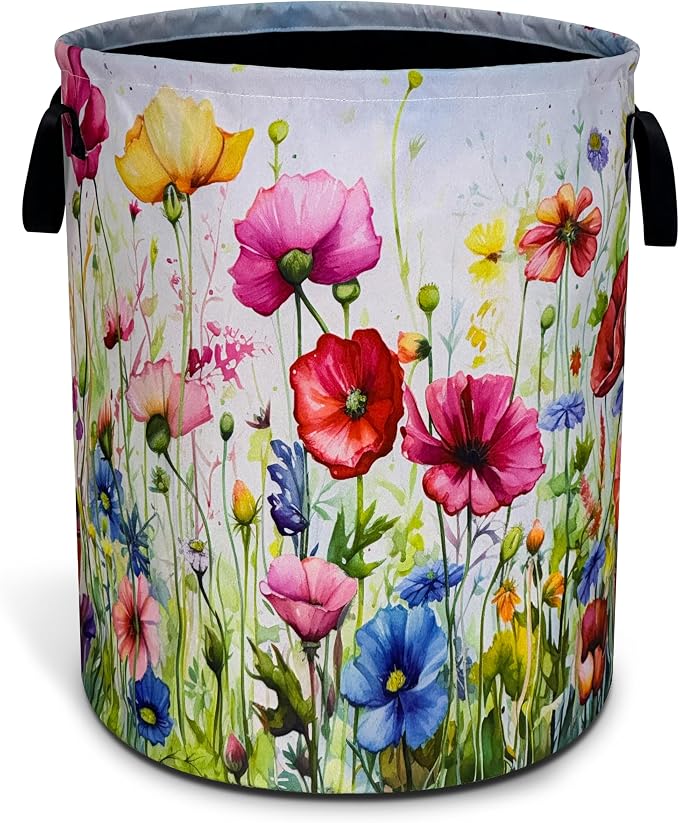 Colorful Flowers Laundry Basket Boho Floral Print Foldable Waterproof Oxford by NUTAINLA
