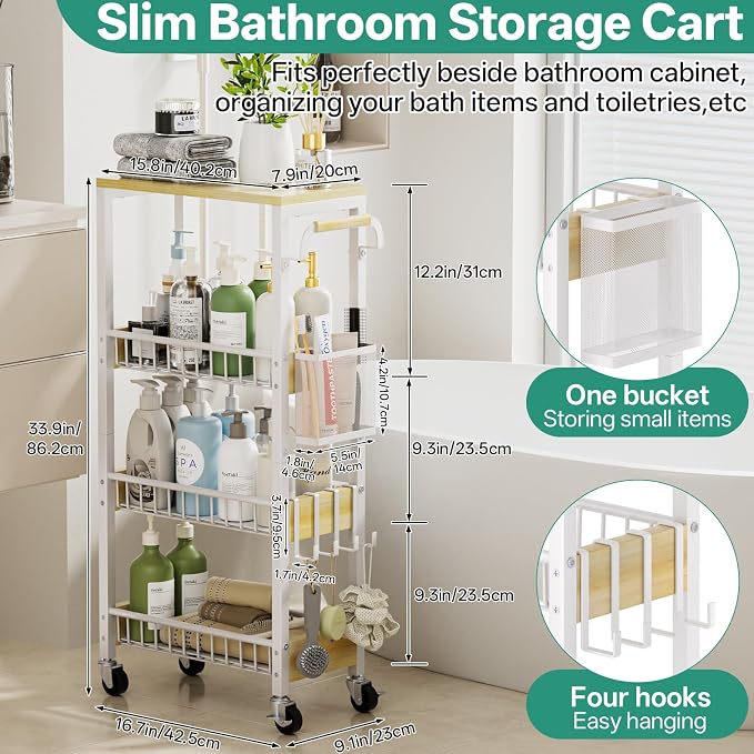 Slim Bathroom Storage Cart, 4 Tier Small Rolling Organizer Cabinet - Image 2