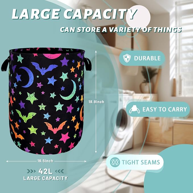 Colorful Bats Laundry Hamper Moon Stars Laundry Basket - Image 2