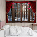 LB Christmas Winter Tapestry, Window Outside Snowy Pine Tree in Forest Wall by LB