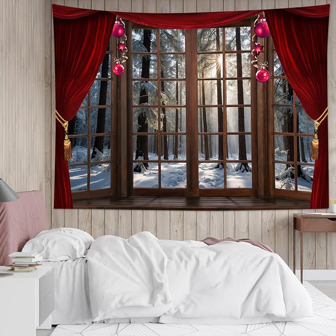 LB Christmas Winter Tapestry, Window Outside Snowy Pine Tree in Forest Wall by LB