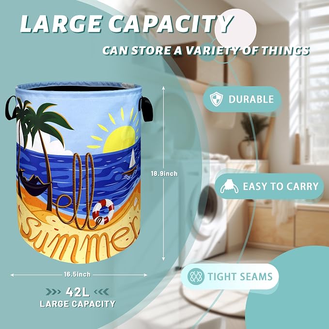Hello Summer Laundry Hamper Colorful Beach Happy Holiday Laundry Basket - Image 2