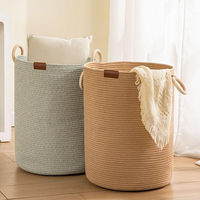 Jute Large Woven Laundry Basket Hamper, 60L Cotton Rope Storage Bin - Image 2