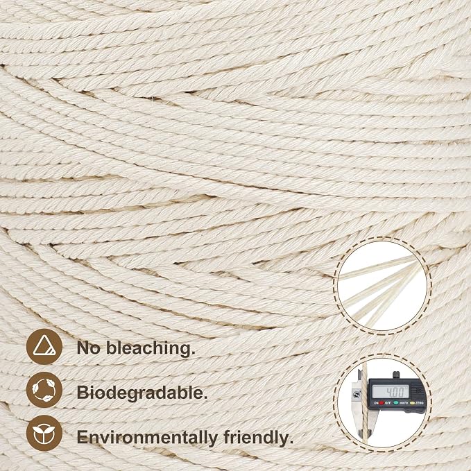 Macrame Cord 4mm x 328yd | 100% Natural Cotton Macrame Rope | 4 Strand Twisted - Image 3