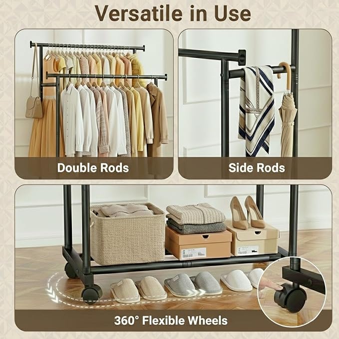 Double Rods Clothes Rack with Wheels, Rolling Clothing Rack - Image 5