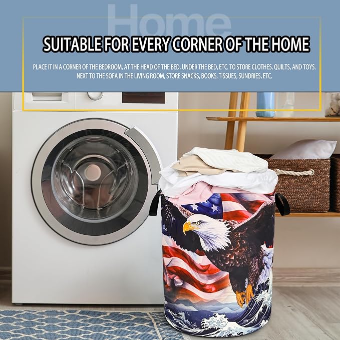 American Flag Eagle Wave Laundry Basket Foldable Oxford Cloth Funny Tote Bag - Image 7