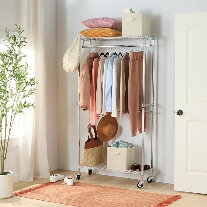 Amazon Basics Adjustable Double Rod Rolling Garment Rack, Hanging Clothes - Image 5