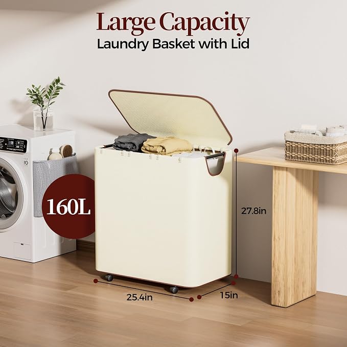 LAMU 160L Laundry Basket with Wheels, Rolling Laundry hamper with Lid and 3 - Image 3