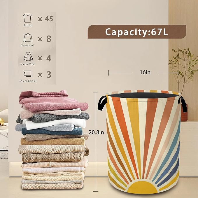 Colorful Boho Laundry Basket, Sunrise Rainbow Collapsible Laundry Baskets - Image 3