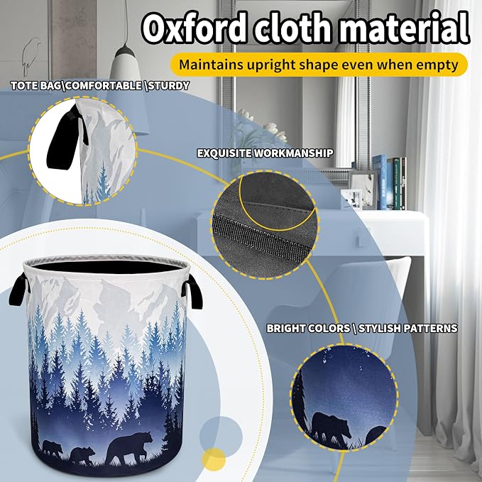 Mama Bear Laundry Basket Forest Mountains Foldable Oxford Cloth Funny Tote Bag - Image 3