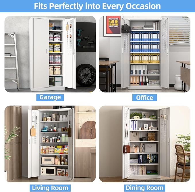 Metal Garage Cabinet with Pegboard and Hooks, Metal Tool Storage Cabinet with 2 - Image 7
