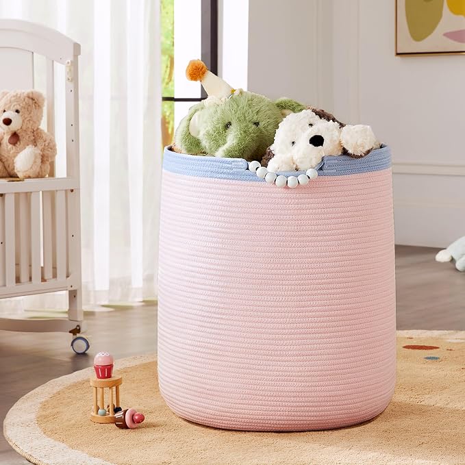 90L Large Pink Woven Rope Laundry Hamper Basket - Image 3