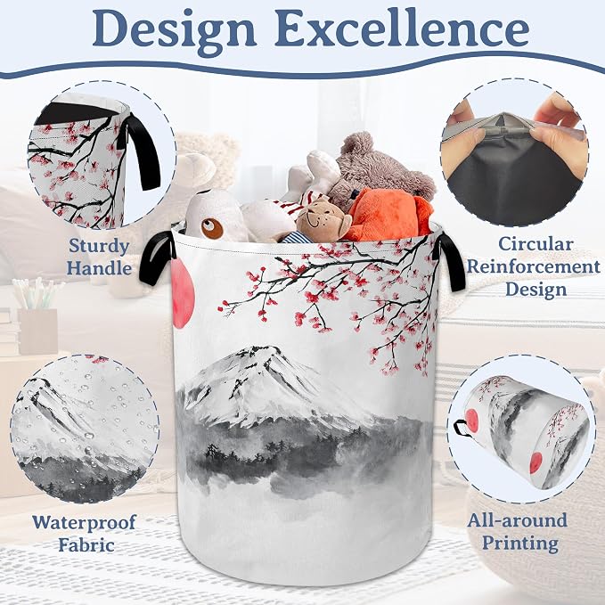 Japanese Mountain Sun Laundry Basket, Foldable Oxford Cloth Cherry Blossoms - Image 4