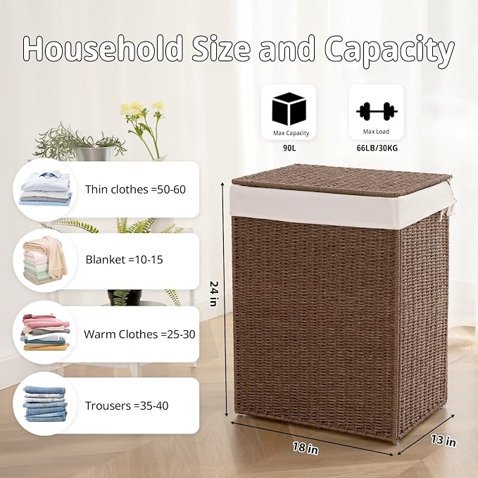 OIAHOMY Laundry Hamper with Lid, 23.8 Gal Wicker Hamper with Removable Liner - Image 2