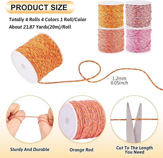 4 Rolls Braided Cotton Cord Orange Red Macrame Thread 1.2 mm Twisted Beading - Image 4