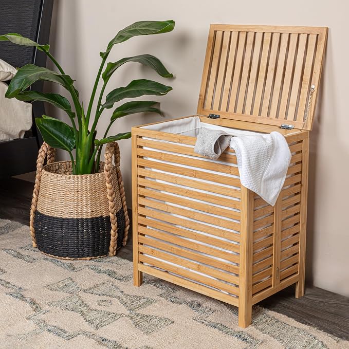 Household Essentials Bamboo Laundry Hamper, Slated Hamper - Image 3