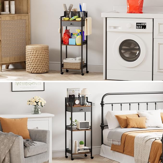Bathroom Shelves with Drawer, 3 Tier Metal Rolling Standing Unit Storage - Image 8