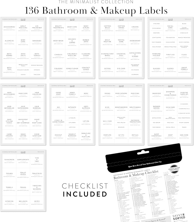 Minimalist Bathroom Labels for Organizing, 136 Preprinted Bath Room and Makeup - Image 5