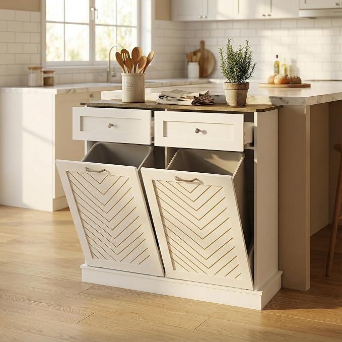 YOURLITE Double Tilt-Out Laundry Hamper Cabinet, 20 Gallon Herringbone Trash - Image 8
