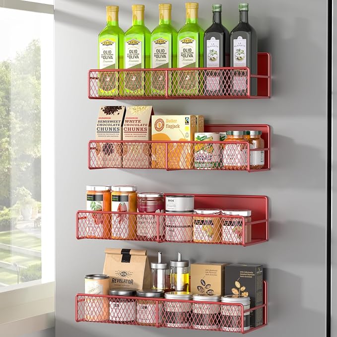 Magnetic Spice Rack for Refrigerator, 4 Pack 100% Metal Strong Magnet Fridge by DTUQYX