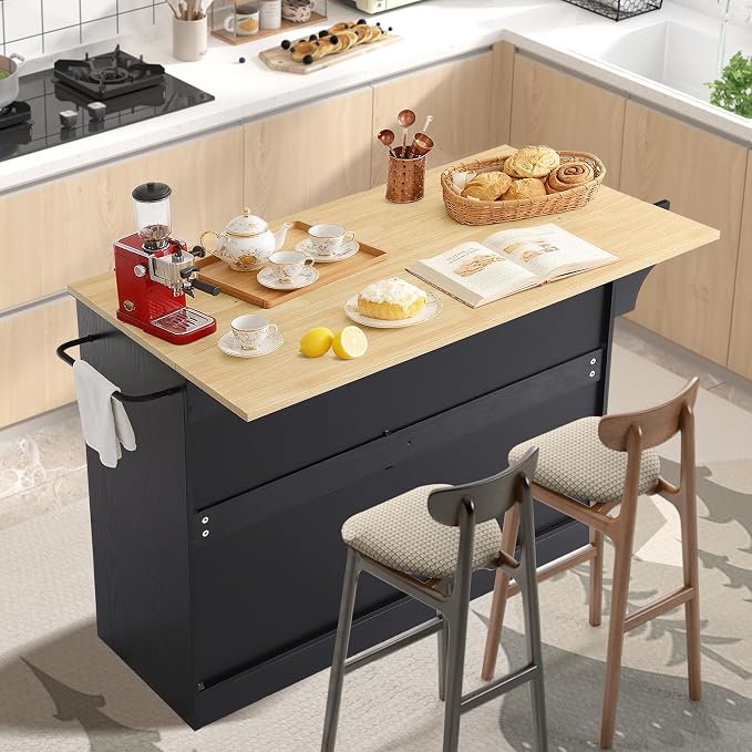 48" Kitchen Island with Trash Can Storage & Drop Leaf, Rolling Kitchen Island - Image 2