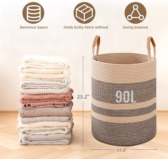 90L Striped Laundry Basket, Dark Brown Laundry Hamper - Image 4