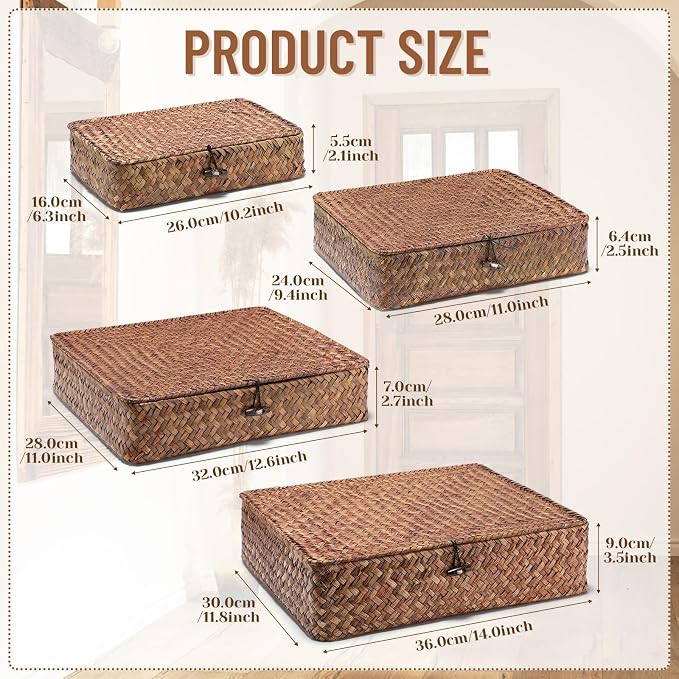 Set of 4 Seagrass Basket with Lid Wicker Storage Basket Decorative Storage - Image 2