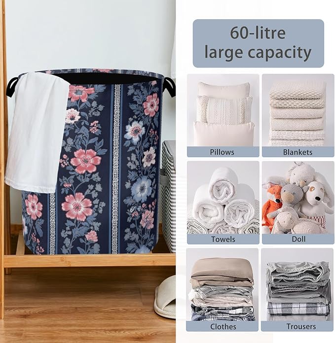 Boho Vintage Flower Laundry Basket, Foldable Oxford Cloth Tote Bag Laundry - Image 6