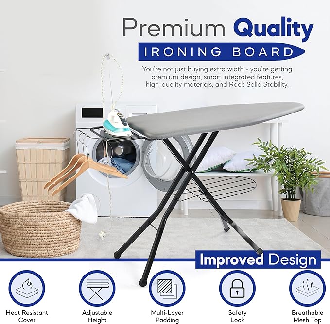 Extra-Wide Ironing Board – 48"×18" Large Surface • Built-in Clothes Rack - Image 5