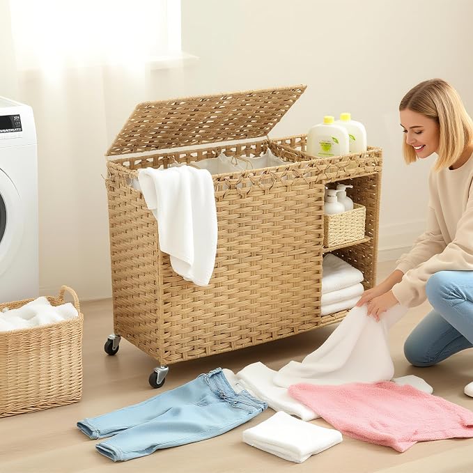 Laundry Hamper with Lid, 160L Rattan Wicker Laundry Basket with Wheels - Image 6