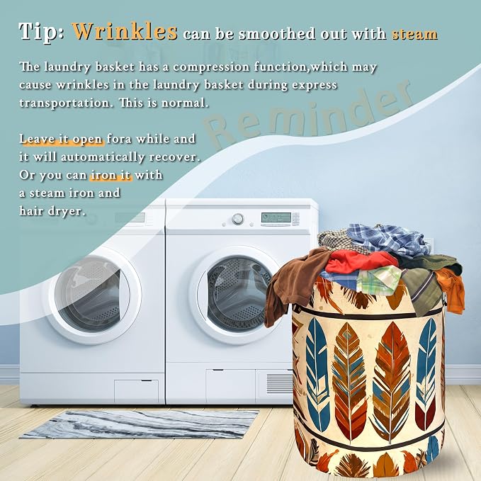 Boho Feather Print Laundry Basket Western Funny Laundry Hamper Foldable Oxford - Image 7