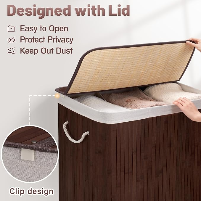 150L Laundry Hamper with lid, 3-Section Clothes Laundry Basket with Handles - Image 7