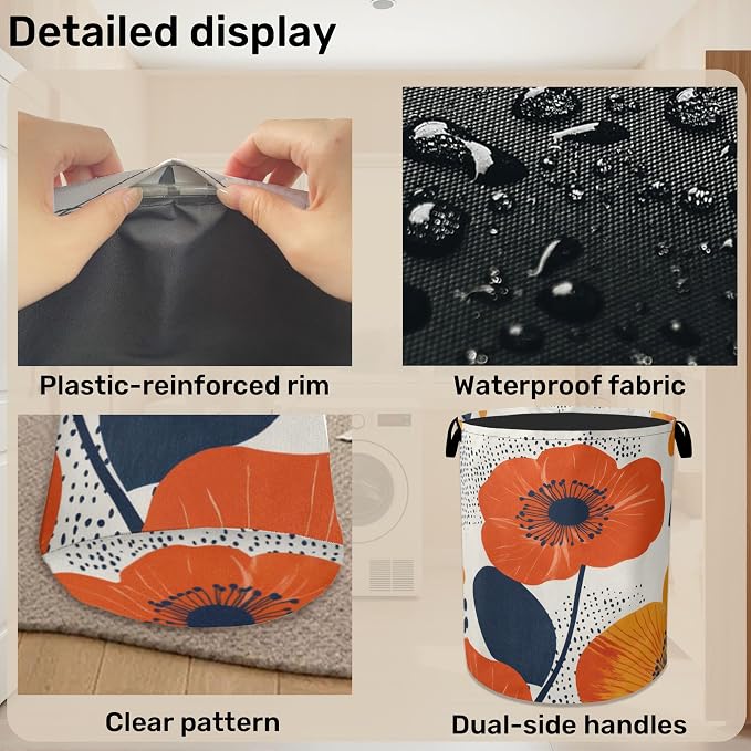 Modern Minimalist Red Flowers Foldable Canvas Laundry Basket - Image 5