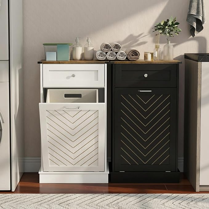 YOURLITE Tilt-Out Laundry Hamper Cabinet, 10 Gallon Herringbone Trash Can - Image 7