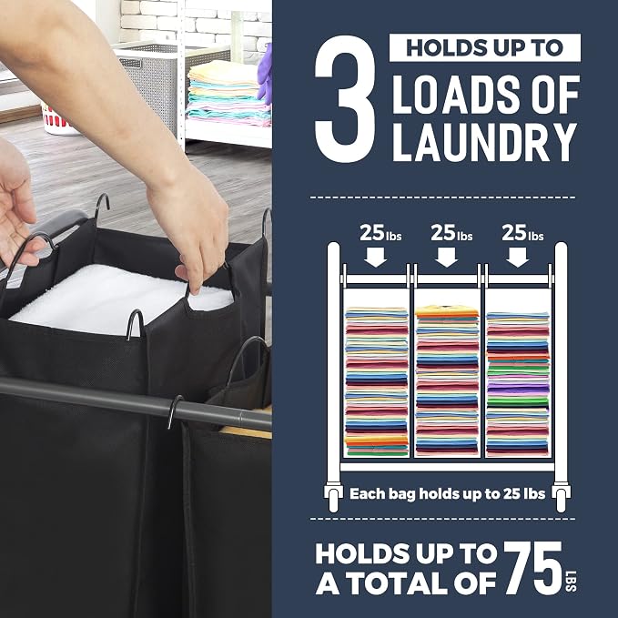STO STO Laundry Sorter 3 Section, 3 Bag Clothes Hamper, Rolling Laundry Cart - Image 4