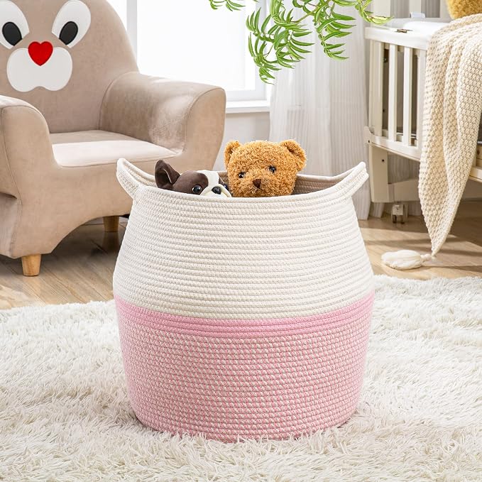 KAKAMAY Woven Baskets for Storage, Large Cotton Rope Woven Baby Laundry Hamper - Image 5