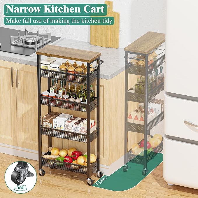 Giwil Slim Storage Cart 5 Tier Narrow Kitchen Rolling Cart on Wheels - Image 2