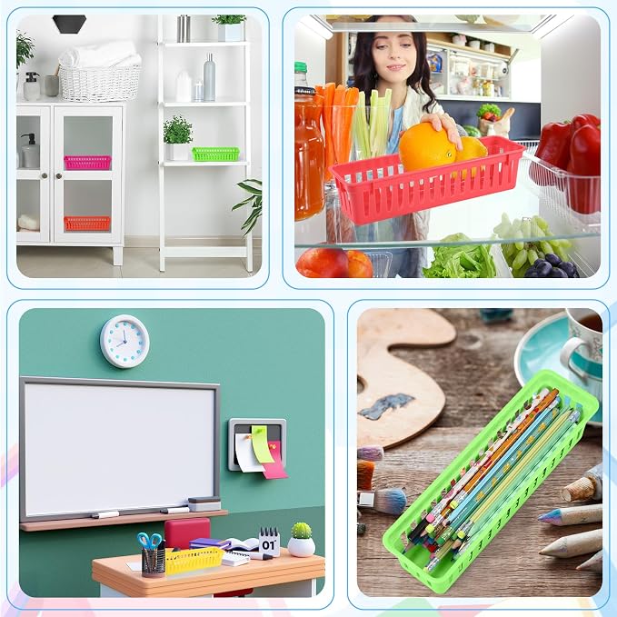 12 Pcs Colorful Slim Plastic Storage Baskets Tray 10 x 3 x 2.5 Inch Compact - Image 7